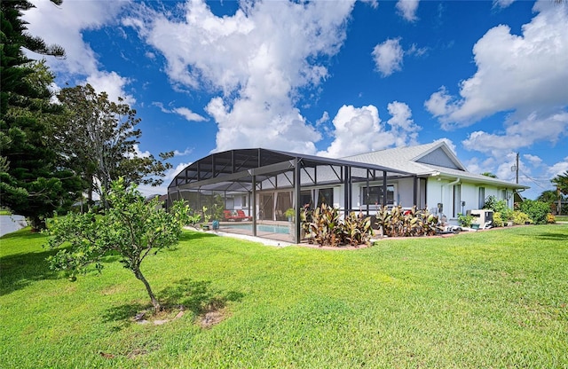 exterior space featuring an outdoor pool, a lanai, and a lawn