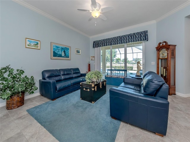 living room featuring ceiling fan, tile patterned flooring, and ornamental molding