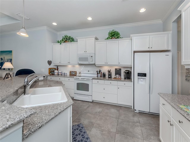 kitchen with decorative light fixtures, sink, crown molding, white appliances, and white cabinets