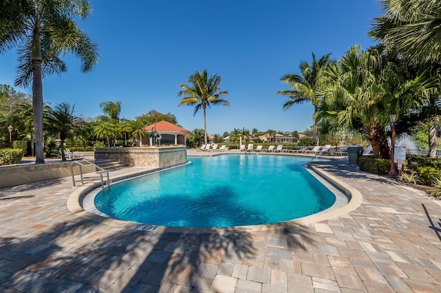 view of pool featuring a gazebo and a patio