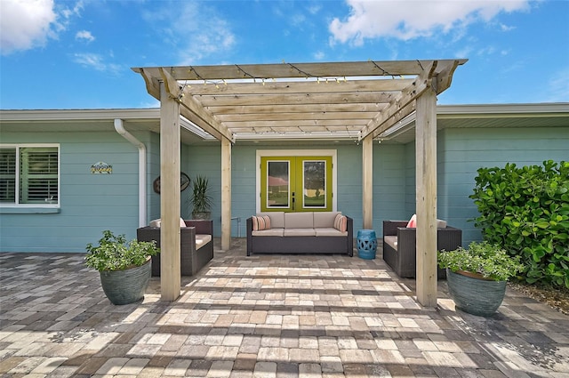 view of patio / terrace with an outdoor hangout area, cooling unit, a pergola, and french doors