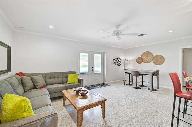 living room with ceiling fan, french doors, and ornamental molding