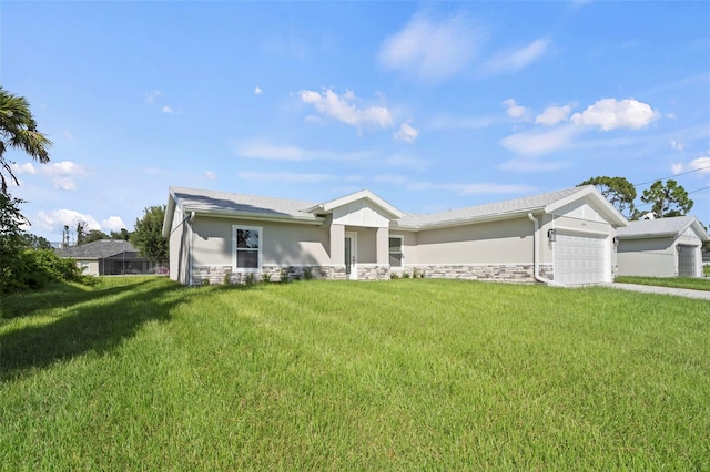 single story home with a garage and a front yard