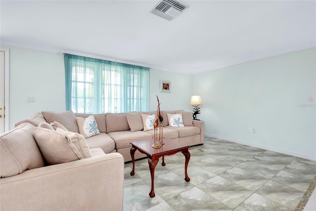 tiled living room featuring ornamental molding