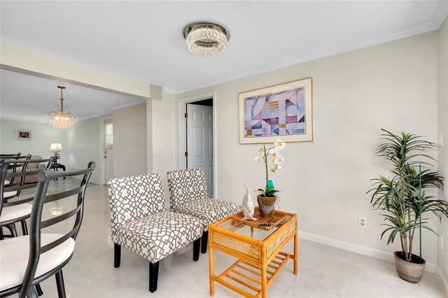 living room with crown molding, light tile patterned floors, and an inviting chandelier