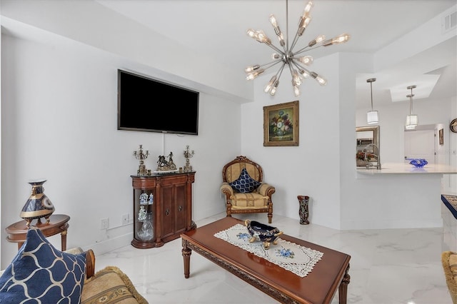 living room with marble finish floor, baseboards, visible vents, and an inviting chandelier