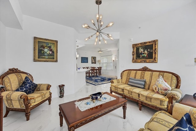 tiled living room with ceiling fan with notable chandelier