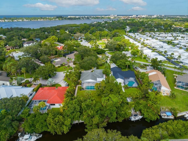 drone / aerial view with a water view