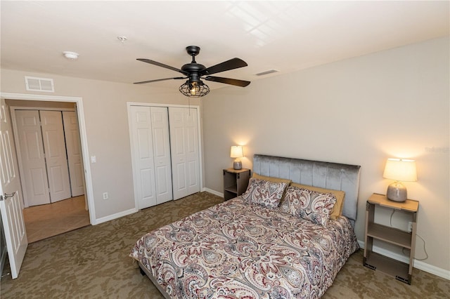 bedroom featuring ceiling fan, a closet, and carpet