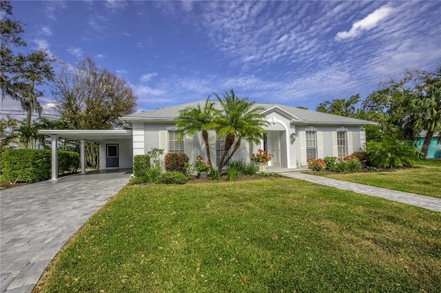 view of front of home with a carport, decorative driveway, a front lawn, and stucco siding