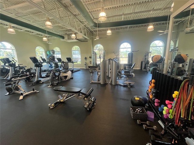 workout area featuring a towering ceiling