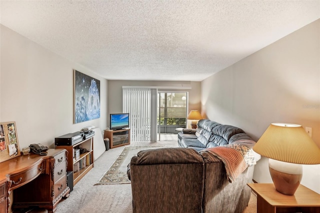 carpeted living room featuring a textured ceiling