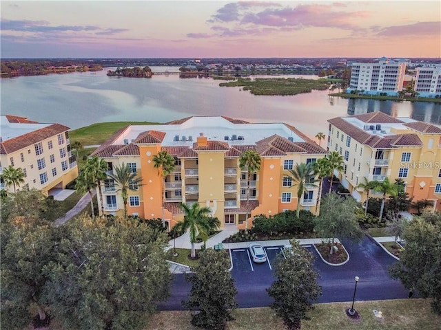 drone / aerial view with a water view