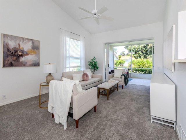 living room featuring ceiling fan, carpet, and high vaulted ceiling