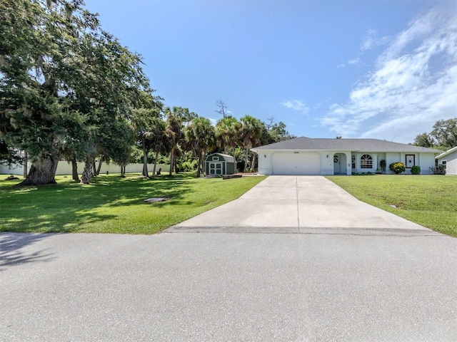 ranch-style house with a garage and a front lawn