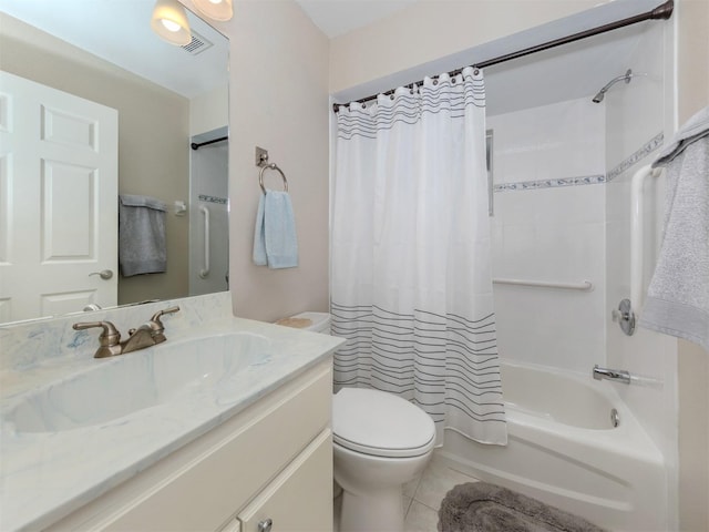 full bathroom featuring vanity, toilet, shower / bathtub combination with curtain, and tile patterned floors