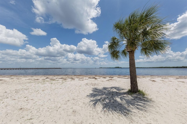 view of water feature with a beach view