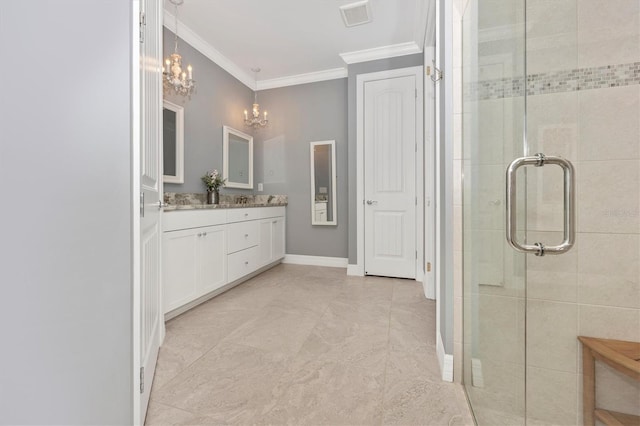 bathroom with a chandelier, vanity, an enclosed shower, and ornamental molding