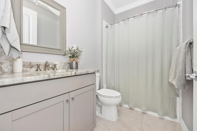 full bathroom with vanity, crown molding, tile patterned flooring, toilet, and shower / tub combo