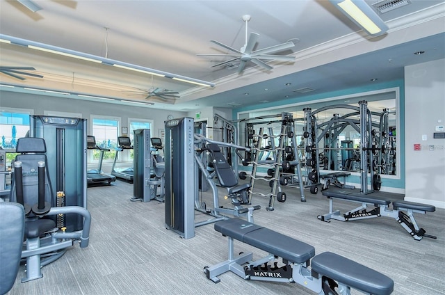 workout area featuring ceiling fan and ornamental molding