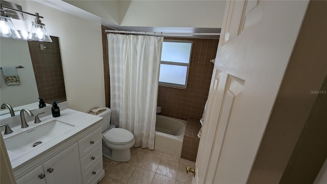 full bathroom with shower / bath combination with curtain, tile patterned flooring, toilet, and vanity