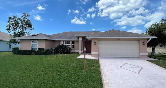 ranch-style house with a front yard, a garage, driveway, and stucco siding