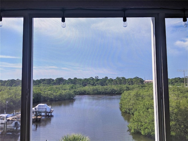 view of water feature with a wooded view and a boat dock