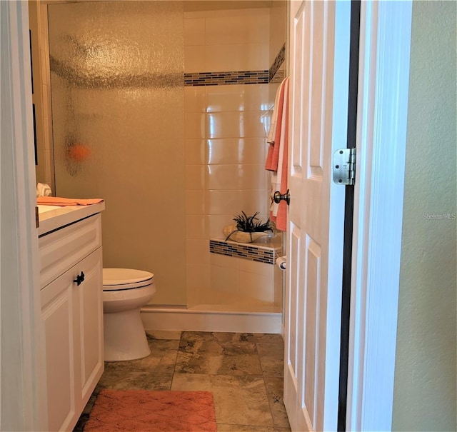 full bathroom featuring toilet, a stall shower, and vanity