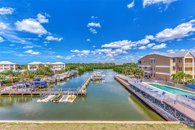 dock area with a community pool and a water view