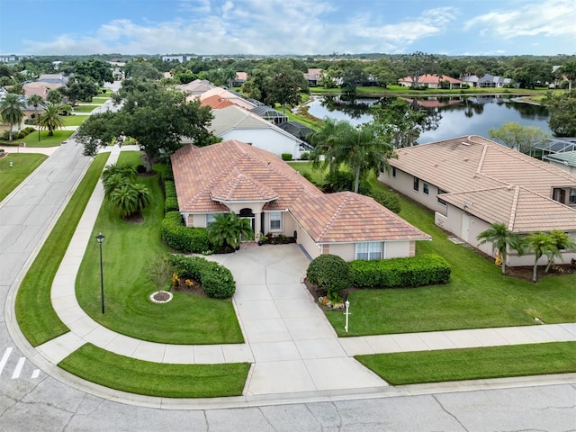 aerial view featuring a water view