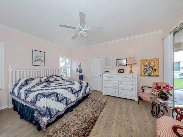 bedroom with a closet, ceiling fan, crown molding, and light hardwood / wood-style flooring