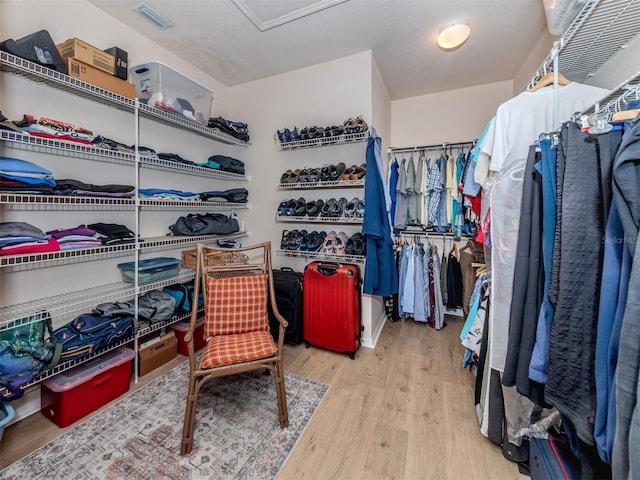 spacious closet with light hardwood / wood-style flooring