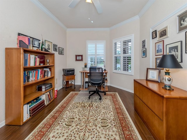 office with crown molding, dark wood-type flooring, and ceiling fan