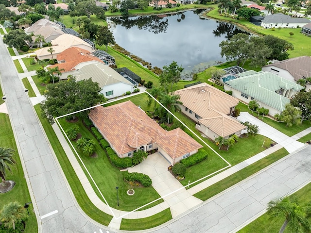 drone / aerial view featuring a water view