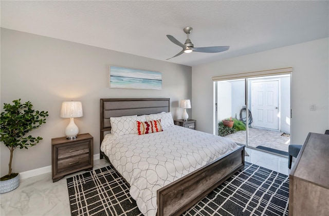 bedroom with access to outside and ceiling fan