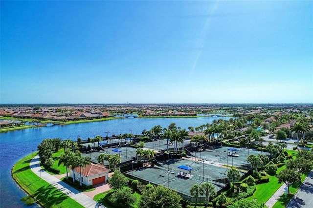 drone / aerial view with a water view