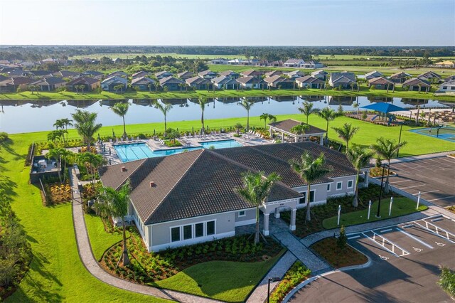 aerial view featuring a water view