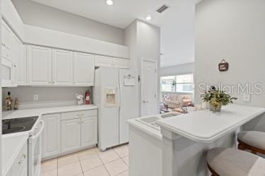 kitchen featuring white cabinetry, white appliances, a kitchen bar, and kitchen peninsula