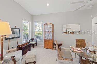 interior space featuring vaulted ceiling and ceiling fan