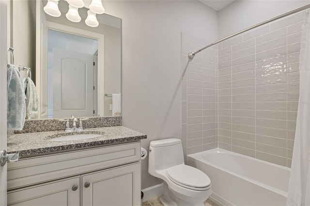 bathroom with toilet, shower / bathtub combination with curtain, and vanity