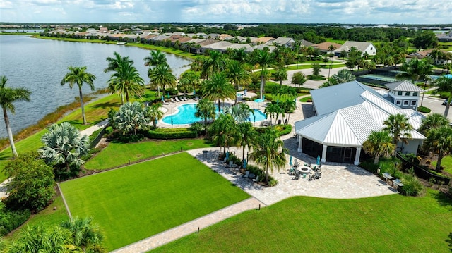 bird's eye view with a water view