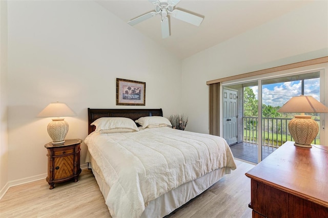 bedroom with access to exterior, high vaulted ceiling, light wood-type flooring, and ceiling fan