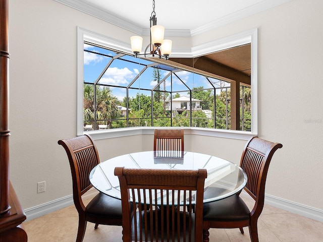 tiled dining space featuring a wealth of natural light, a chandelier, and crown molding