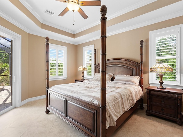 tiled bedroom featuring ornamental molding, multiple windows, access to outside, and ceiling fan