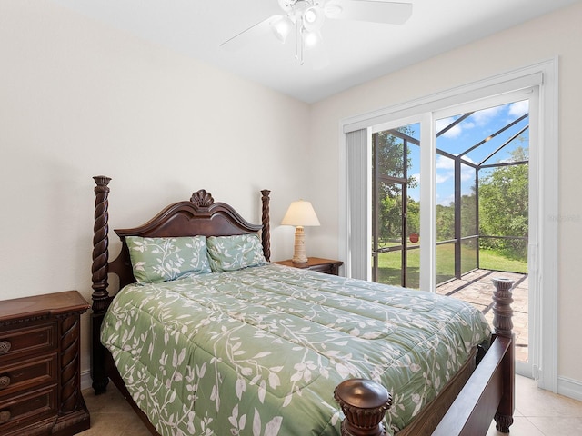 tiled bedroom featuring access to exterior and ceiling fan