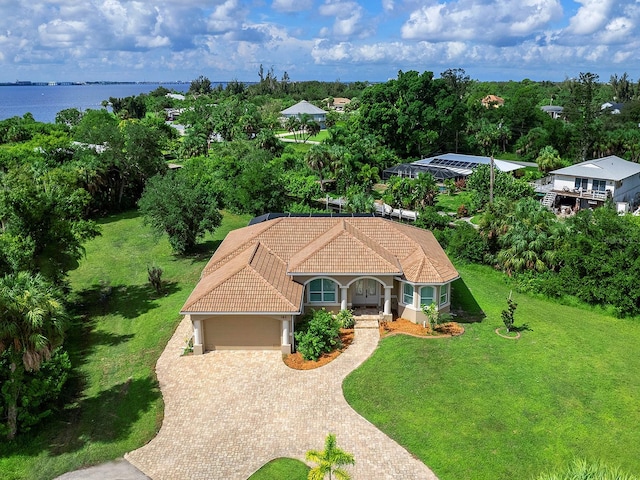 aerial view with a water view