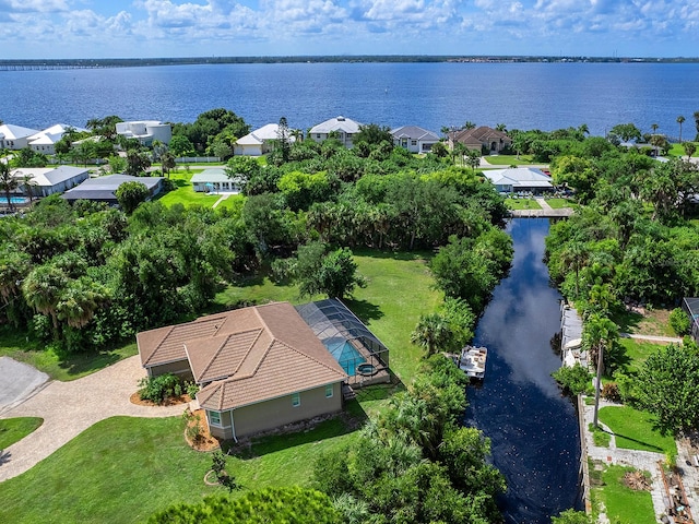 drone / aerial view featuring a water view