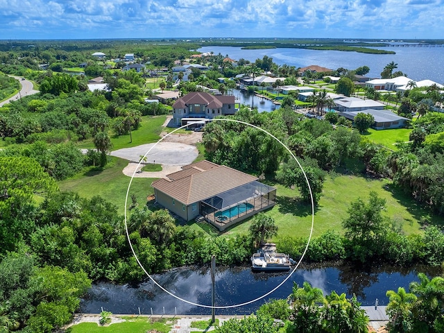 drone / aerial view with a water view