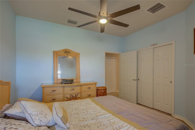 bedroom with visible vents, a closet, and a ceiling fan