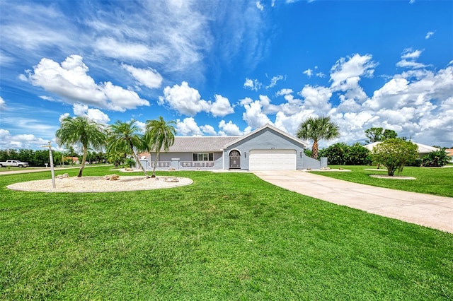 ranch-style home with a front yard and a garage